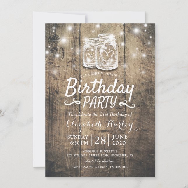 Invitación Partido de Cumpleaños Rustic Wood Mason Jar String (Anverso)