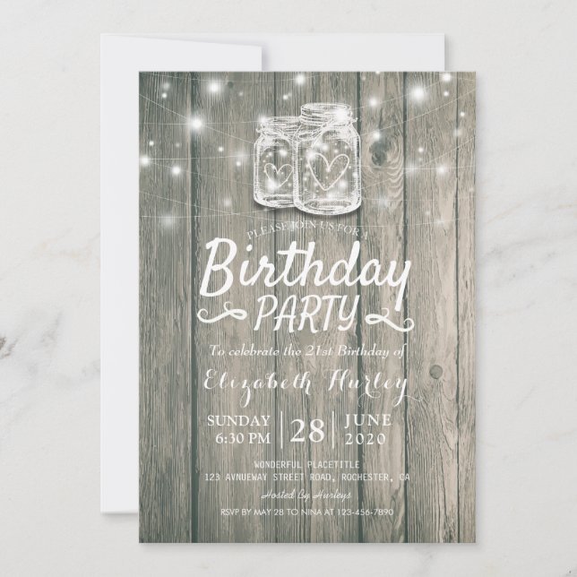 Invitación Partido de Cumpleaños Rustic Wood Mason Jar String (Anverso)