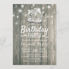 Invitación Partido de Cumpleaños Rustic Wood Mason Jar String