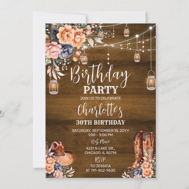 Invitación Partido de Cumpleaños Rústico Occidental (Anverso)