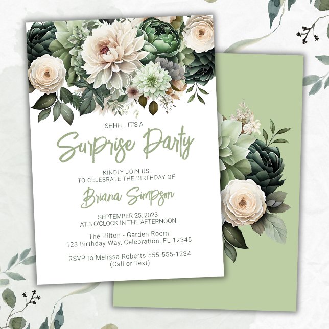 Invitación Partido de cumpleaños Sage Green Floral Surprise (Subido por el creador)