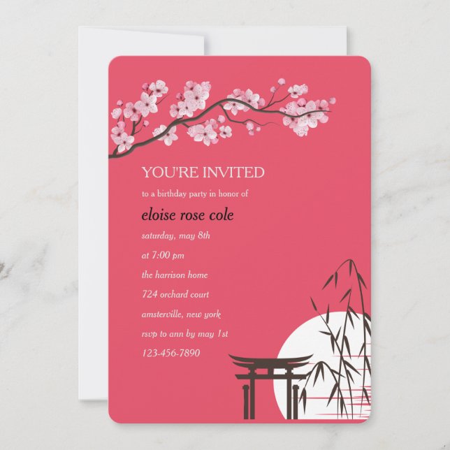 Invitación Partido de Cumpleaños Sakura de Japón (Anverso)