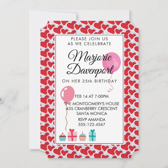 Invitación Partido de cumpleaños San Valentín de corazones ro (Anverso)