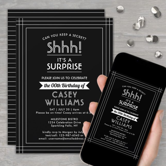 Invitación Partido de cumpleaños sorpresa Elegante negro y bl (Subido por el creador)