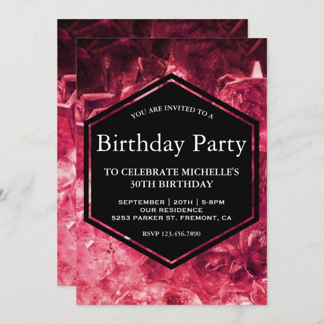 Invitación Partido de cumpleaños Sparkling Ruby Red Gemstone (Anverso / Reverso)