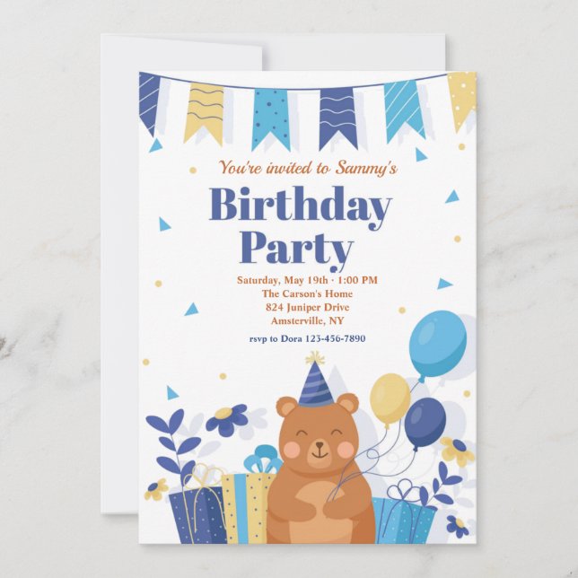 Invitación Partido de Cumpleaños Teddy Bear (Anverso)