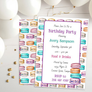 Invitación Partido de Cumpleaños Temático de Pastel Macaron