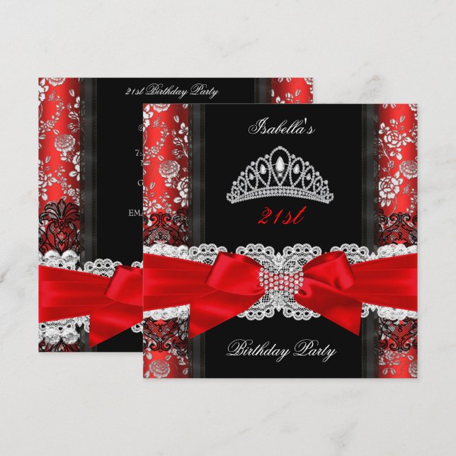Invitación Partido de cumpleaños Tiara blanco negro rojo, Ros (Anverso / Reverso)