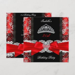 Invitación Partido de cumpleaños Tiara blanco negro rojo, Ros