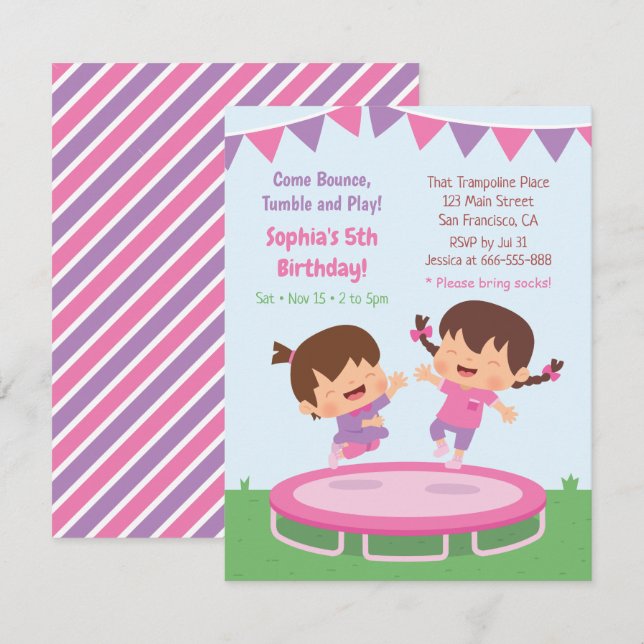 Invitación Partido de cumpleaños Trampoline de Chicas de Salt (Anverso / Reverso)