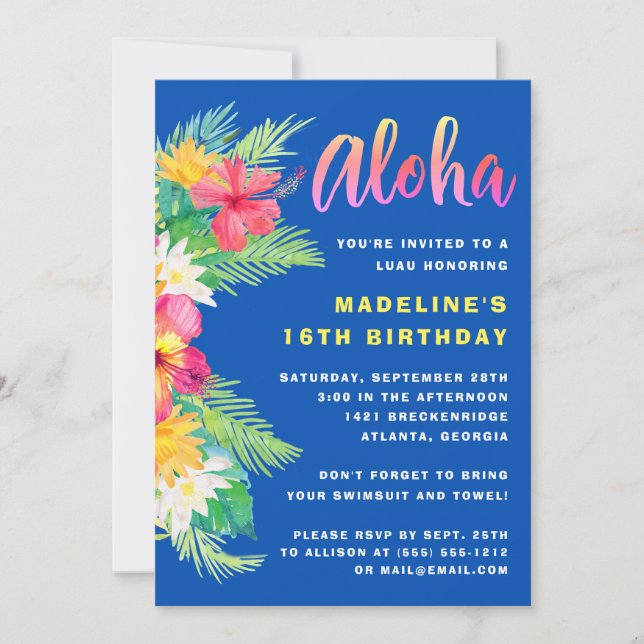 Invitación Partido de Cumpleaños Tropical Aloha Hawaiian Luau (Anverso)