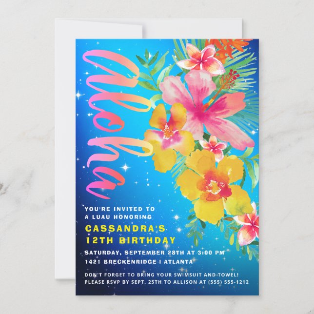 Invitación Partido de Cumpleaños Tropical Aloha Luau (Anverso)