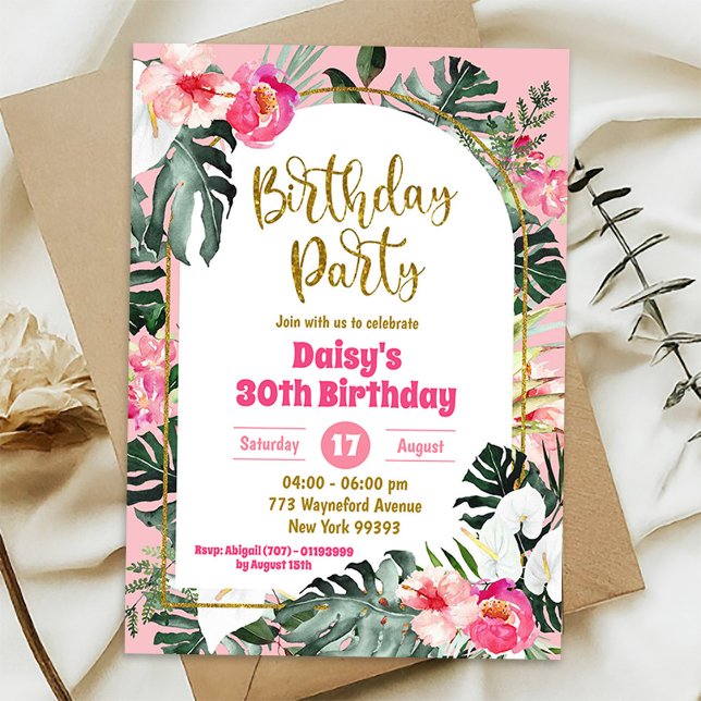 Invitación Partido de Cumpleaños Tropical de Monstera Rosa (Subido por el creador)