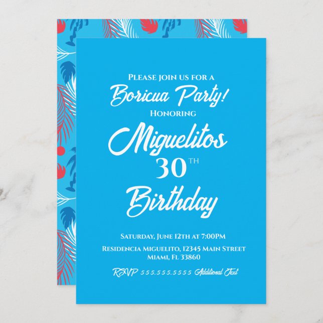 Invitación Partido de Cumpleaños Tropical Hispánico de Puerto (Anverso / Reverso)