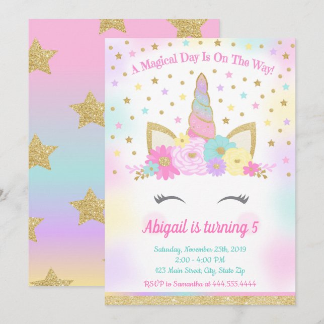Invitación Partido de Cumpleaños Unicornio Magnífico Rainbow  (Anverso / Reverso)