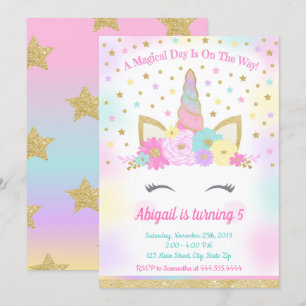 Invitación Partido de Cumpleaños Unicornio Magnífico Rainbow 