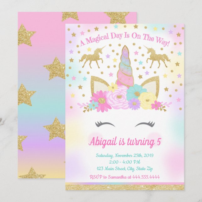 Invitación Partido de Cumpleaños Unicornio Magnífico Rainbow  (Anverso / Reverso)