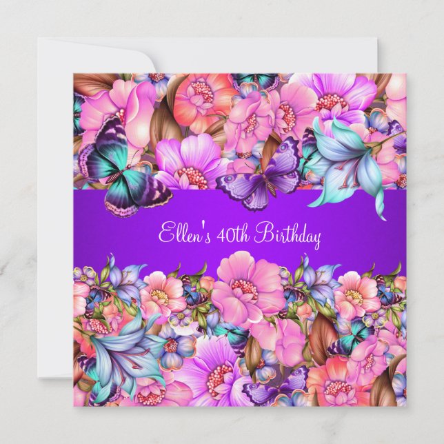 Invitación Partido de Cumpleaños Verde azulada Mariposa rosa  (Anverso)