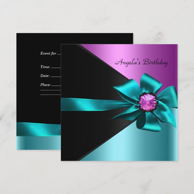 Invitación Partido de Cumpleaños Verde azulado Azul Rosa Negr (Anverso / Reverso)