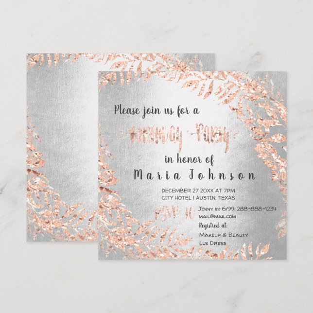 Invitación Partido de Cumpleaños Wreath Purpurina Rosa Gold S (Anverso / Reverso)