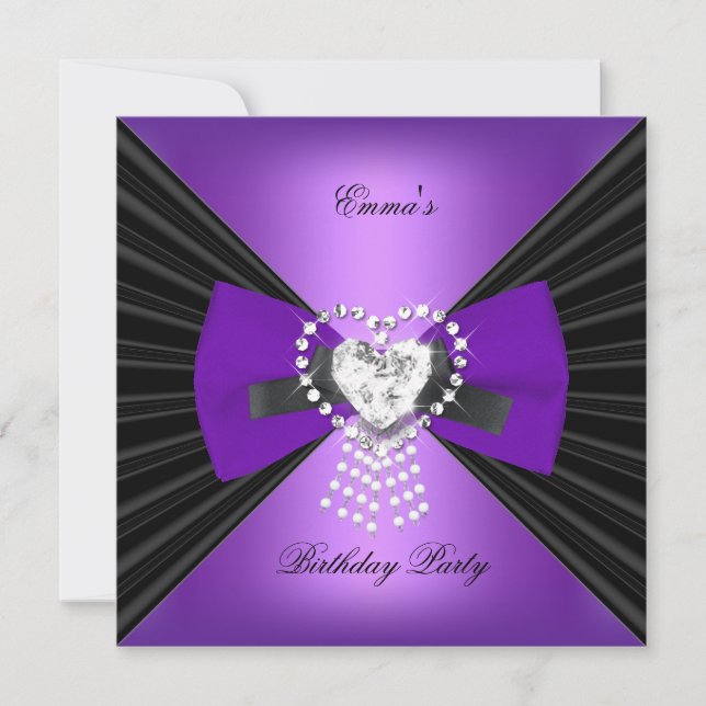 Invitación Partido de Cumpleaños Zebra Elegante Black Purple  (Anverso)