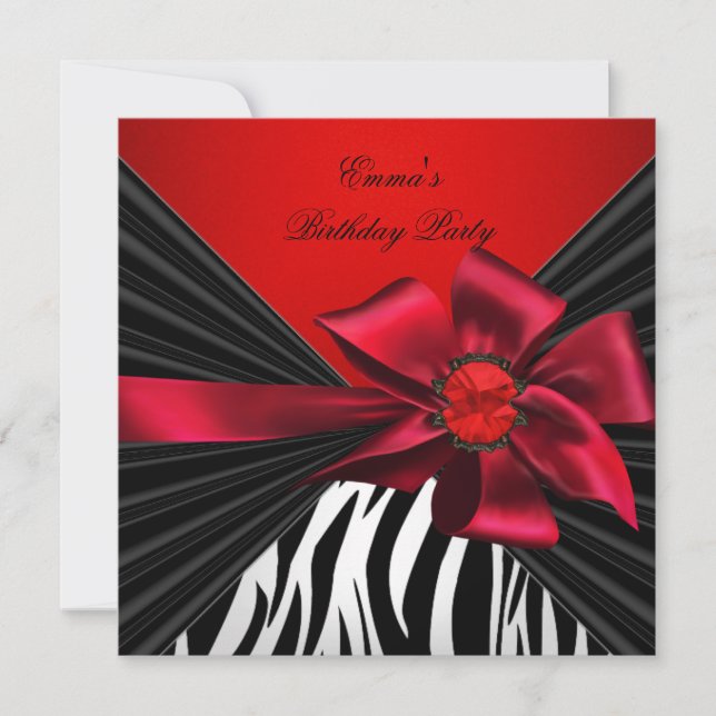 Invitación Partido de Cumpleaños Zebra Elegante Red Black Bow (Anverso)