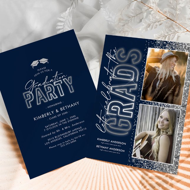 Invitación Partido de doble graduación Navy Blue Silver (Subido por el creador)