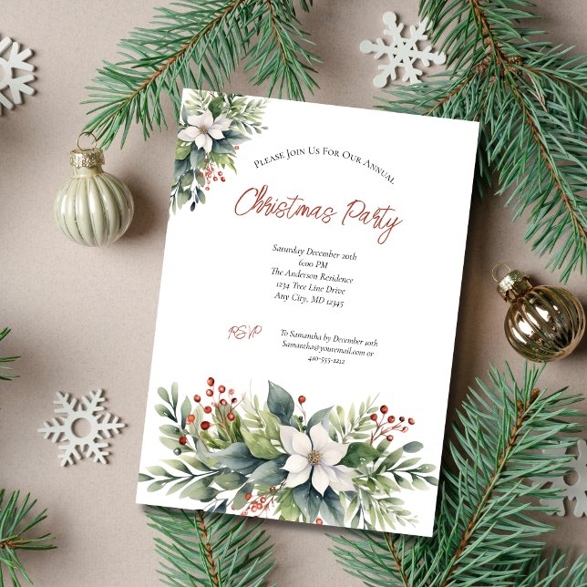 Invitación Partido de feriado de los Navidades de las Berries (Poinsettia Greenery Christmas Holiday Party Invitation Printed or Digital Instant Download)