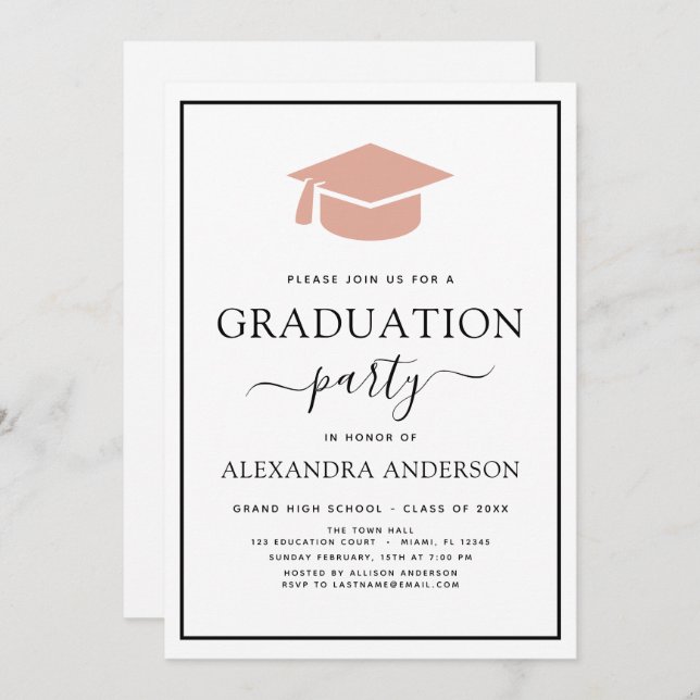 Invitación Partido de Graduación 2022 Elegante Rosa Blanco Ne (Anverso / Reverso)