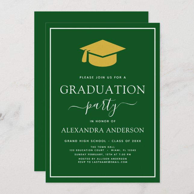 Invitación Partido de Graduación 2022 Green Gold Modern Elega (Anverso / Reverso)