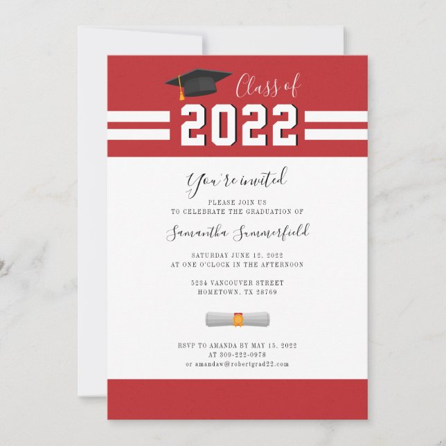 Invitación Partido de Graduación 2024 Blanco Rojo Simple (Anverso)