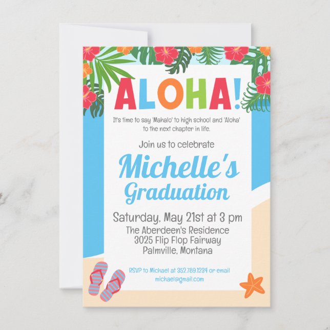 Invitación Partido de Graduación Aloha Tropical Hawaiano (Anverso)