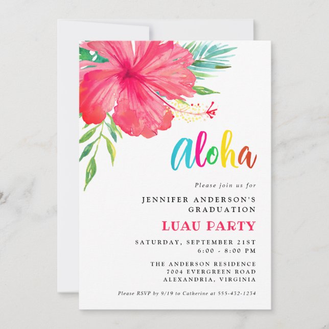 Invitación Partido de Graduación Aloha Tropical Rosa Hibiscus (Anverso)