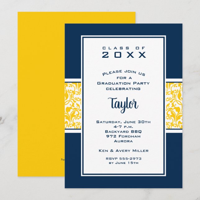 Invitación Partido de Graduación Amarillo Azul Damask (Anverso / Reverso)