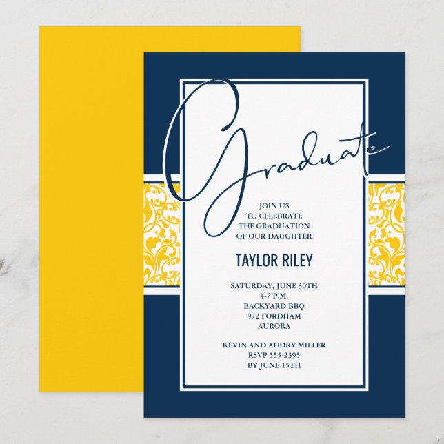 Invitación Partido de Graduación Amarillo Azul Damask (Anverso / Reverso)