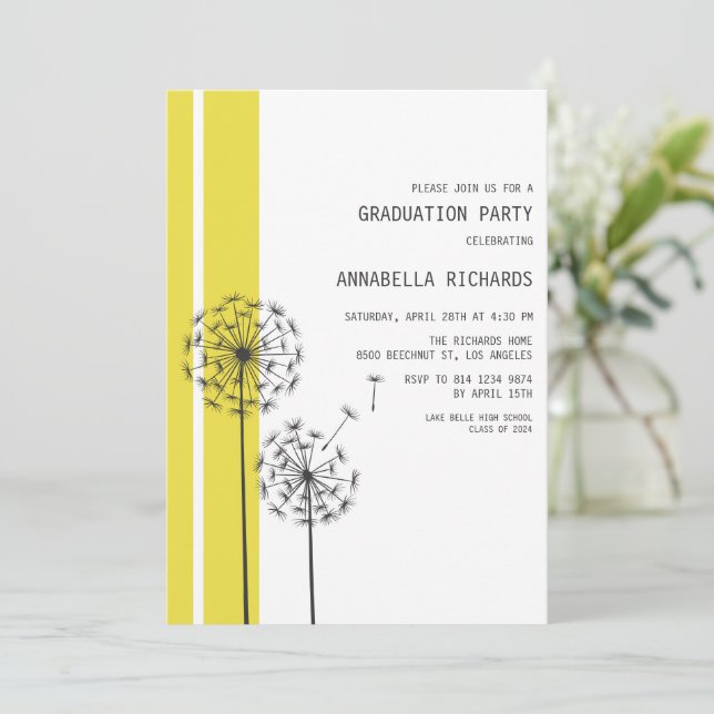 Invitación Partido de Graduación Amarillo de Dandelions Moder (Anverso de pie)
