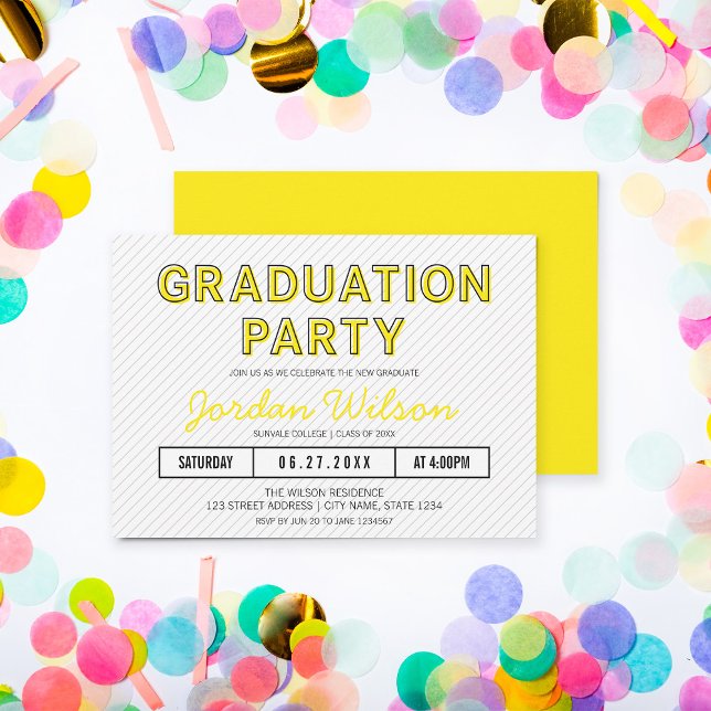 Invitación Partido de Graduación Amarillo de Rayas Modernas (Subido por el creador)