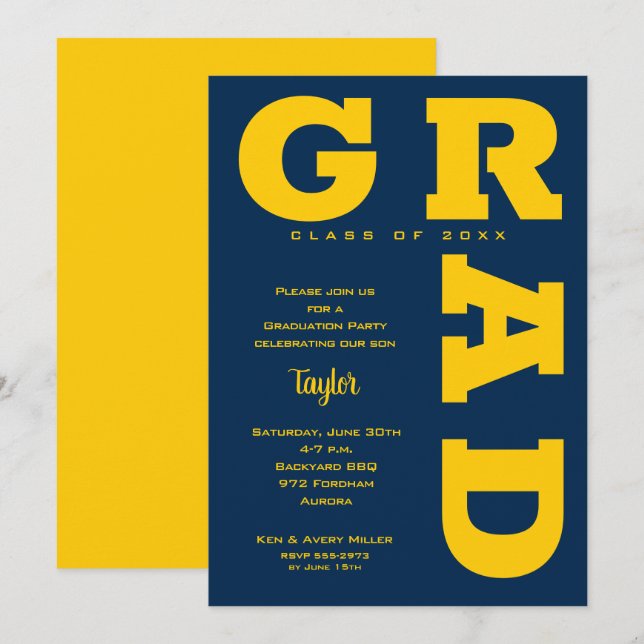 Invitación Partido de Graduación Amarillo y Azul (Anverso / Reverso)