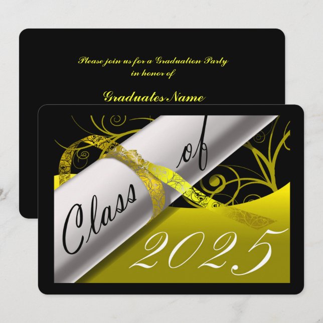 Invitación Partido de Graduación Amarillo y Negro (Anverso / Reverso)
