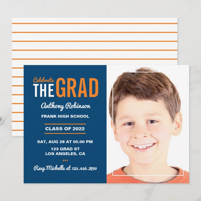 Invitación Partido de Graduación Azul Blanco, Naranja y Marin (Anverso / Reverso)