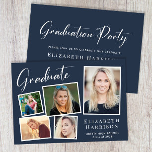 Invitación Partido de Graduación Azul de Collage de fotos Mod