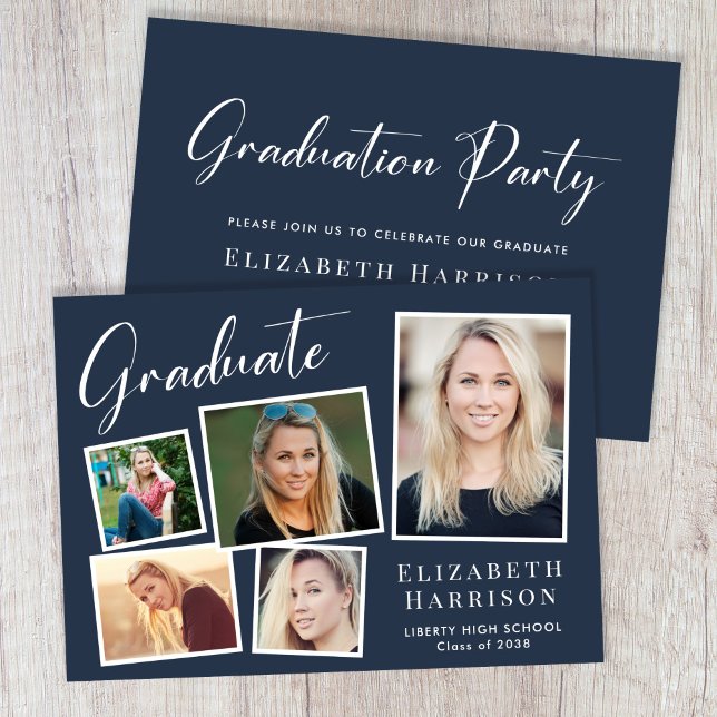 Invitación Partido de Graduación Azul de Collage de fotos Mod (A modern photo collage graduation party invitation to celebrate the graduate's achievements)