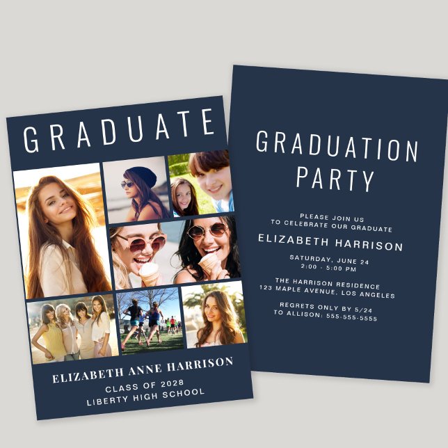 Invitación Partido de Graduación Azul de Collage de fotos Mod (A modern photo collage graduation party invitation to celebrate the graduate's achievements)