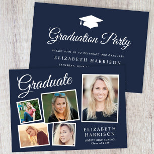 Invitación Partido de Graduación Azul de Collage de fotos Mod