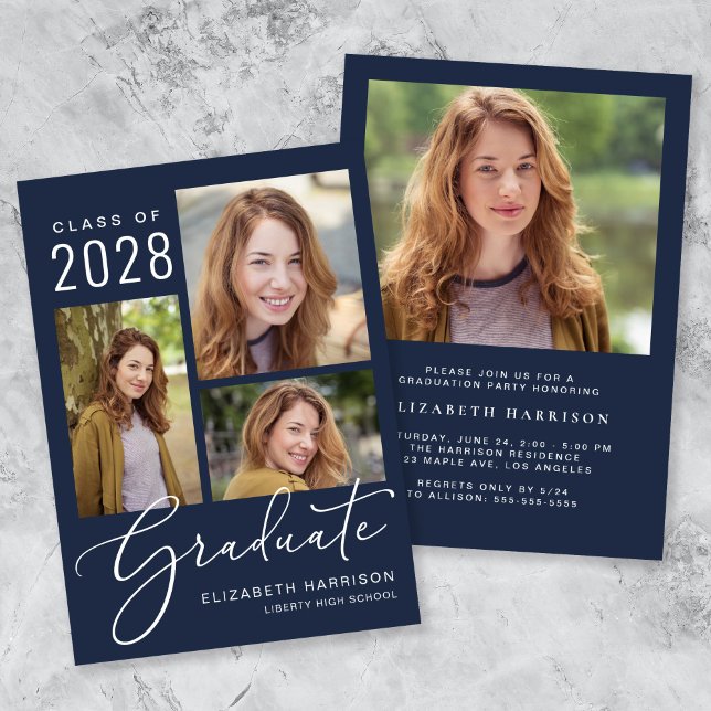 Invitación Partido de Graduación Azul de Collage de fotos Mod (An elegant photo collage graduation party invitation to celebrate the graduate's achievements)