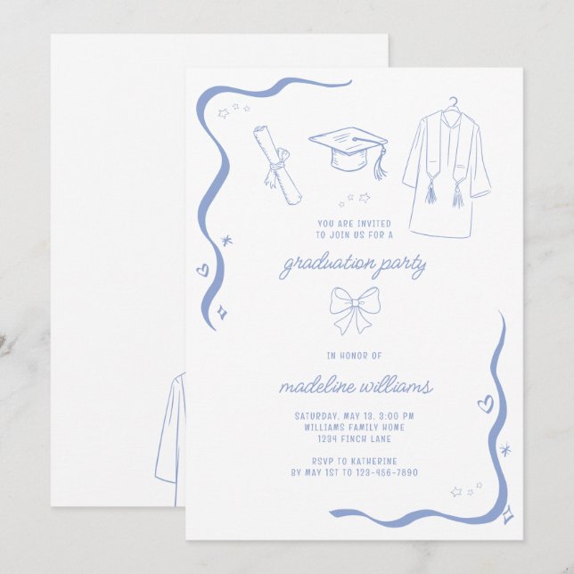 Invitación Partido de Graduación Azul de Doodle caprichoso (Anverso / Reverso)