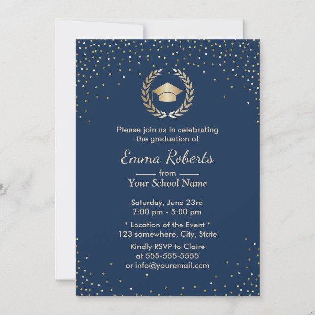 Invitación Partido de Graduación Azul de la Marina Confetti d (Anverso)