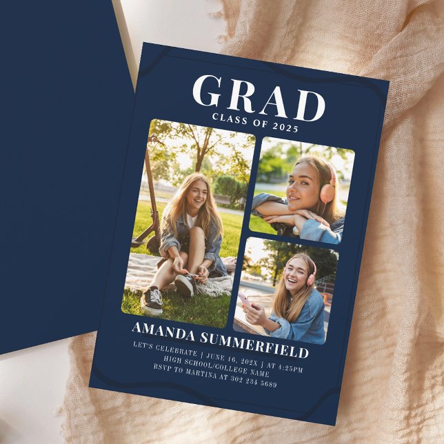 Invitación Partido de Graduación Azul de la Marina de Collage (Grad 3 Photo Collage Navy Blue Graduation Party Invitation)