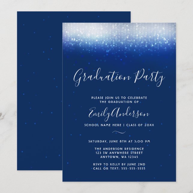 Invitación Partido de Graduación Azul de la Marina Glam (Anverso / Reverso)