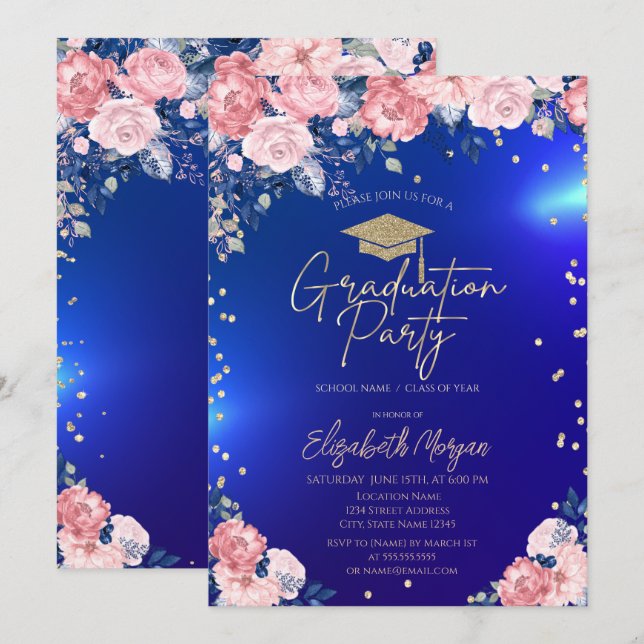 Invitación Partido de Graduación Azul de los Rosas Gold Tiara (Anverso / Reverso)